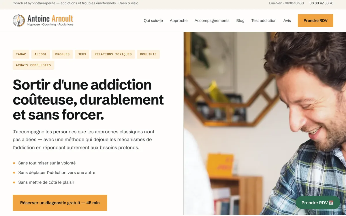 Antoine Arnoult — Coach et hypnothérapeute — addictions, Caen & visio — réalisation site web Start-Win