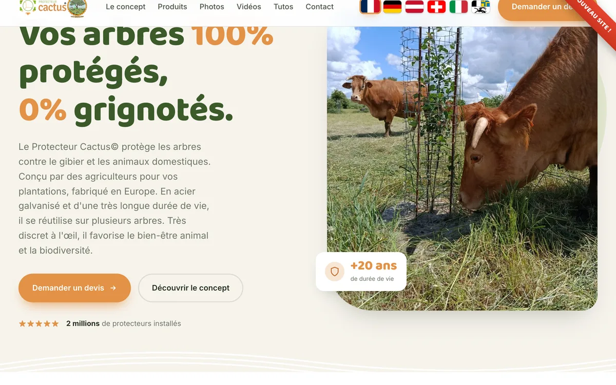 Protecteur Cactus — Protection d'arbres contre le bétail et la faune — réalisation site web Start-Win