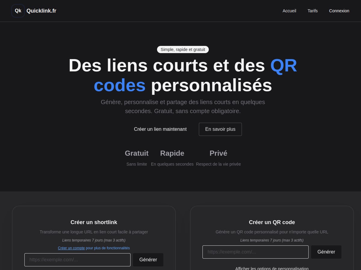 Quicklink — Liens courts & QR codes gratuits